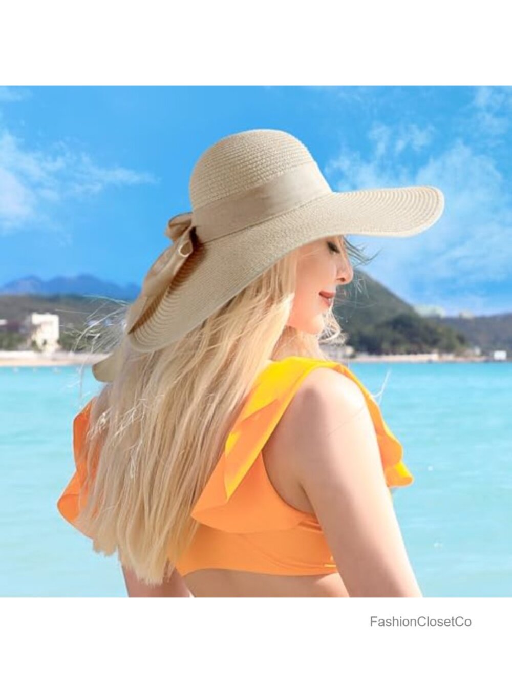 Wide Brim Straw Sun Hat with Chin Strap, Foldable UPF 50+ - Picture 6 of 6